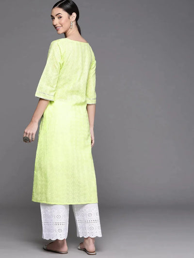 Lime Green Embroidered Cotton Kurta - Libas