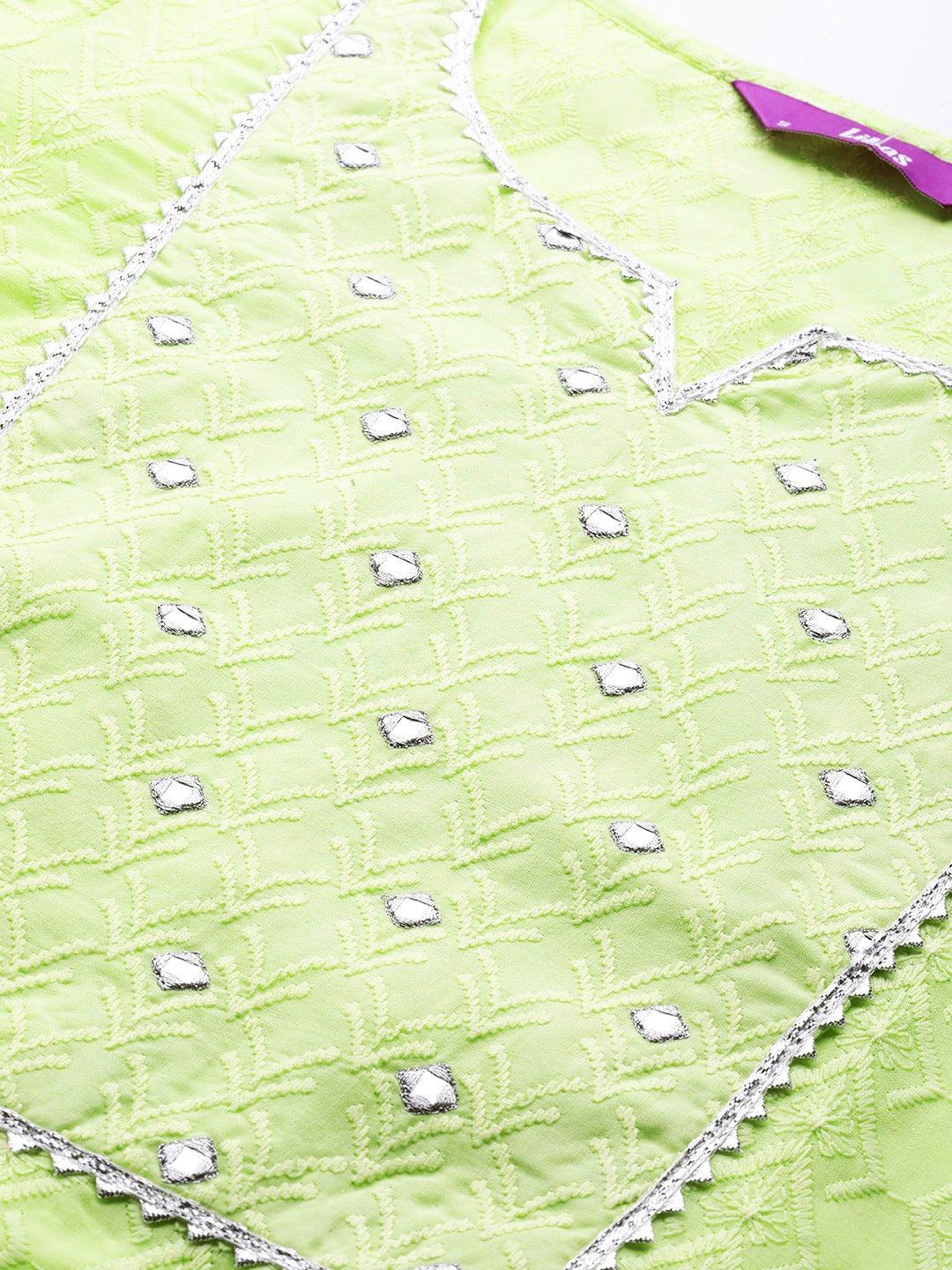 Lime Green Embroidered Cotton Kurta - Libas