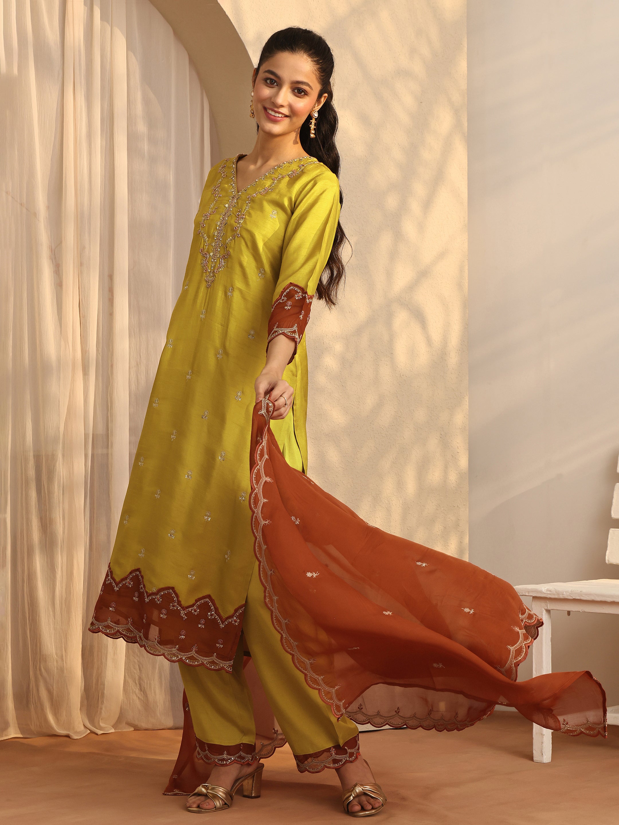Lime Green Embroidered Organza Straight Suit Set With Dupatta-image-45