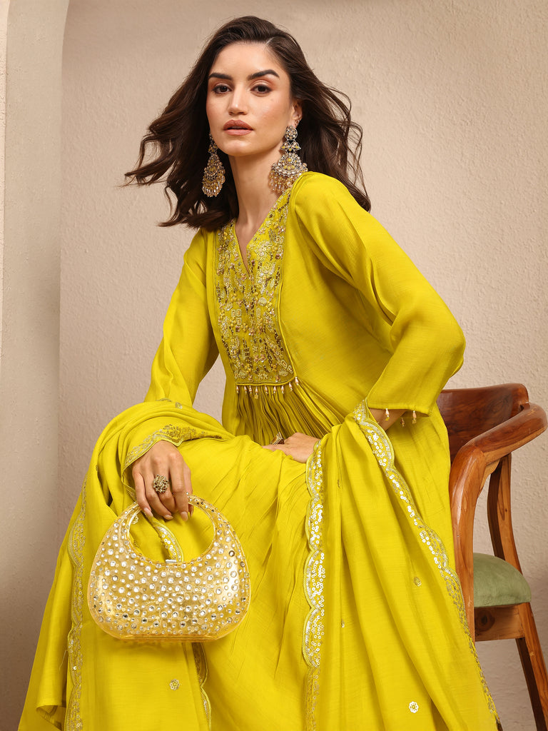 Libas Lime Green Embroidered Silk Blend Anarkali Suit Set With Dupatta