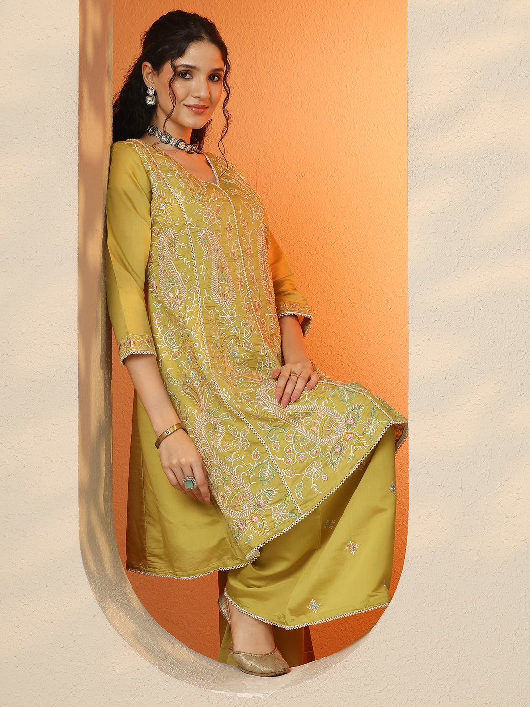  Lime Green Embroidered Silk Blend Co-Ord Sets 