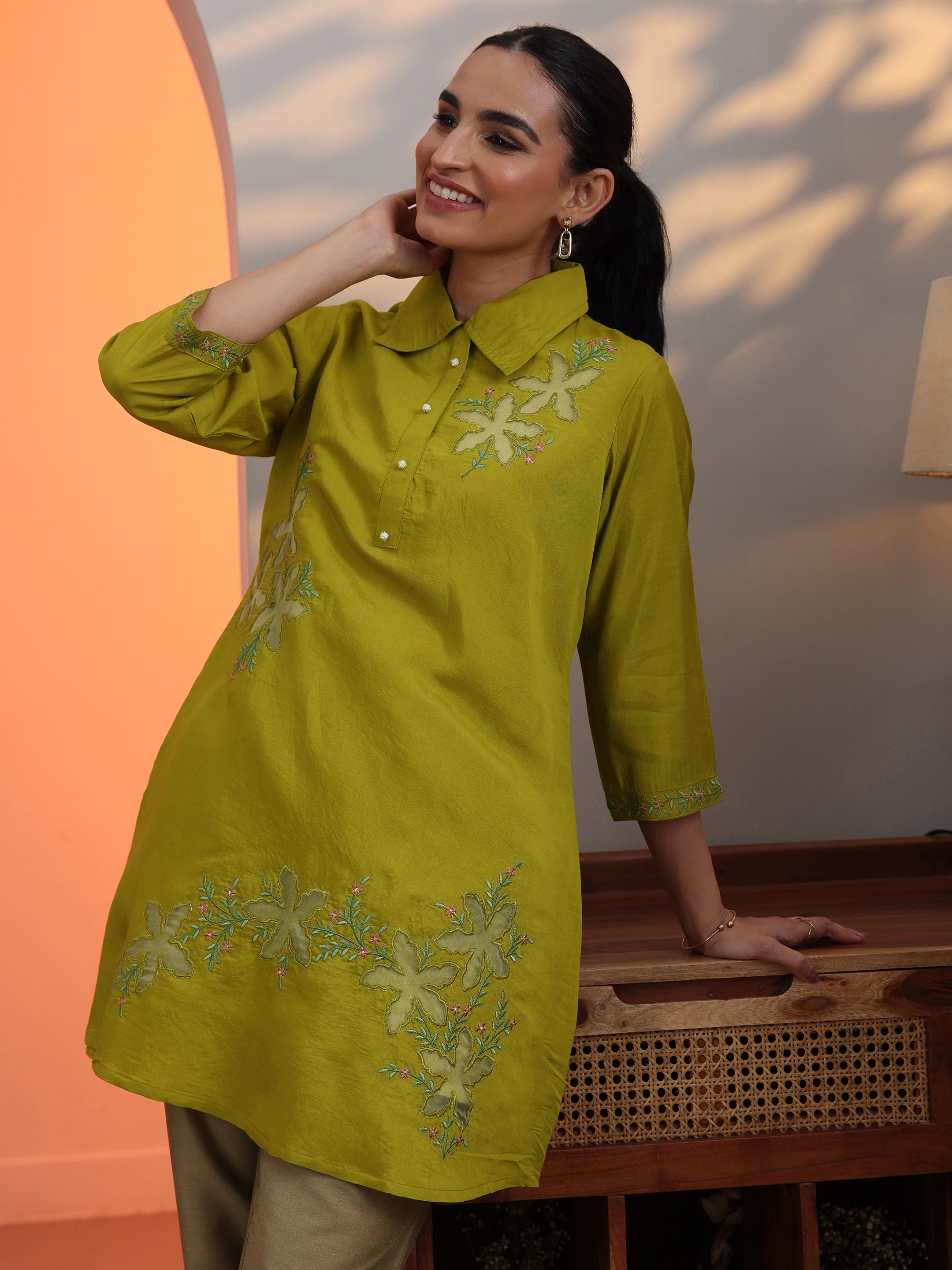 libas Lime Green Embroidered Silk Blend Shirt-picture-39