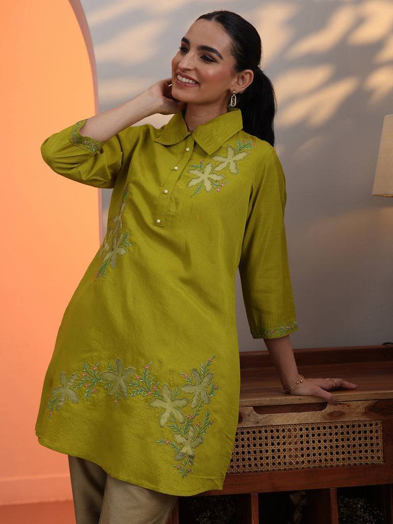 Gerua Lime Green Embroidered Silk Blend Shirt