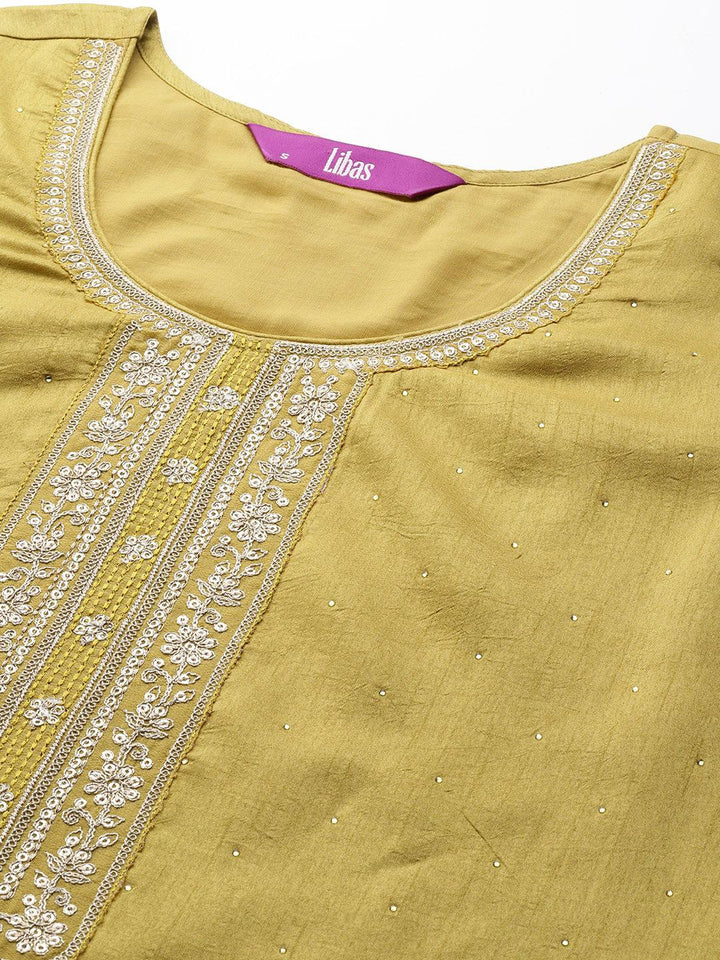 Lime Green Embroidered Silk Blend Straight Suit Set - Libas
