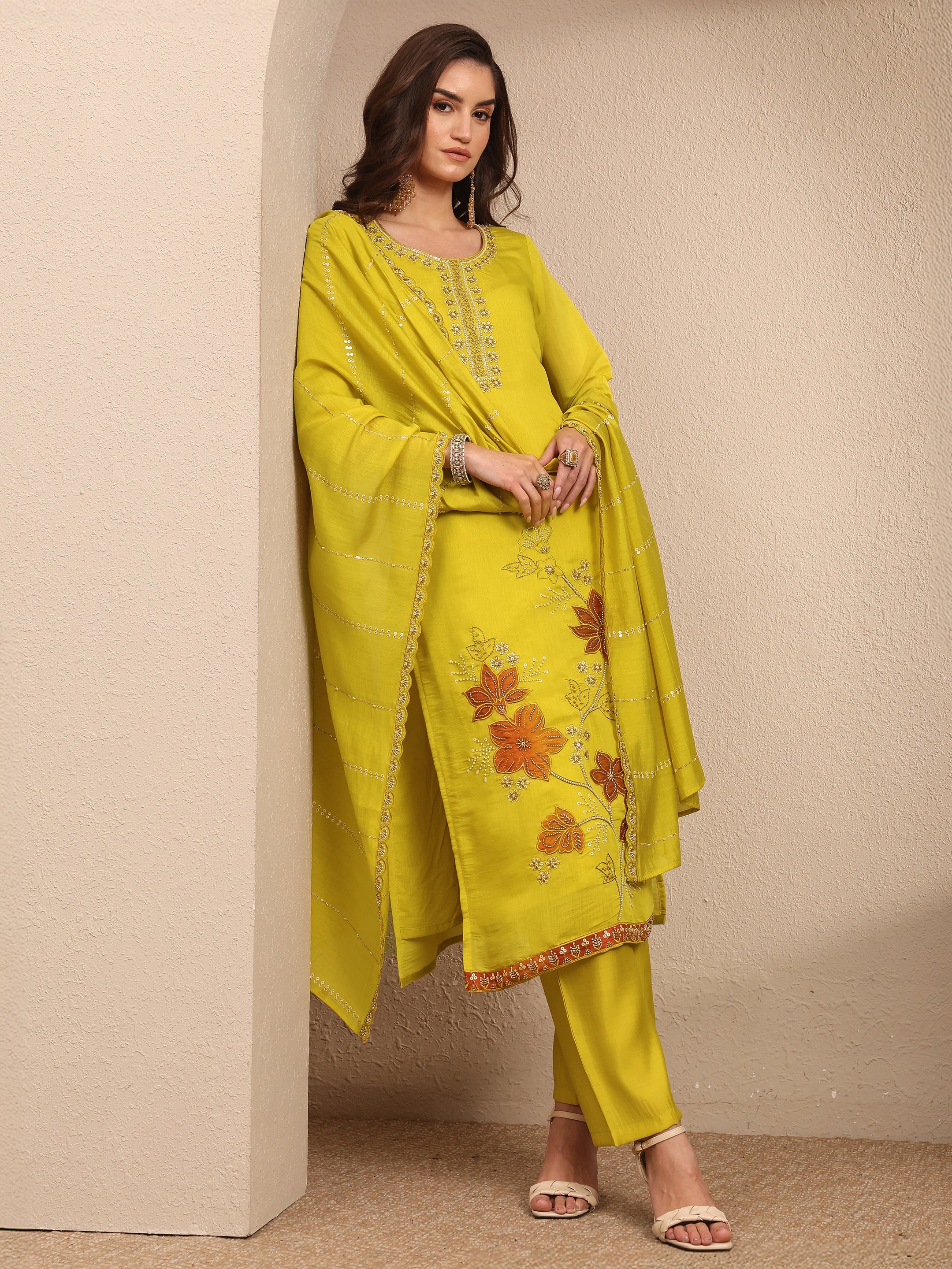 Lime Green Embroidered Silk Blend Straight Suit Set With Dupatta-image-48
