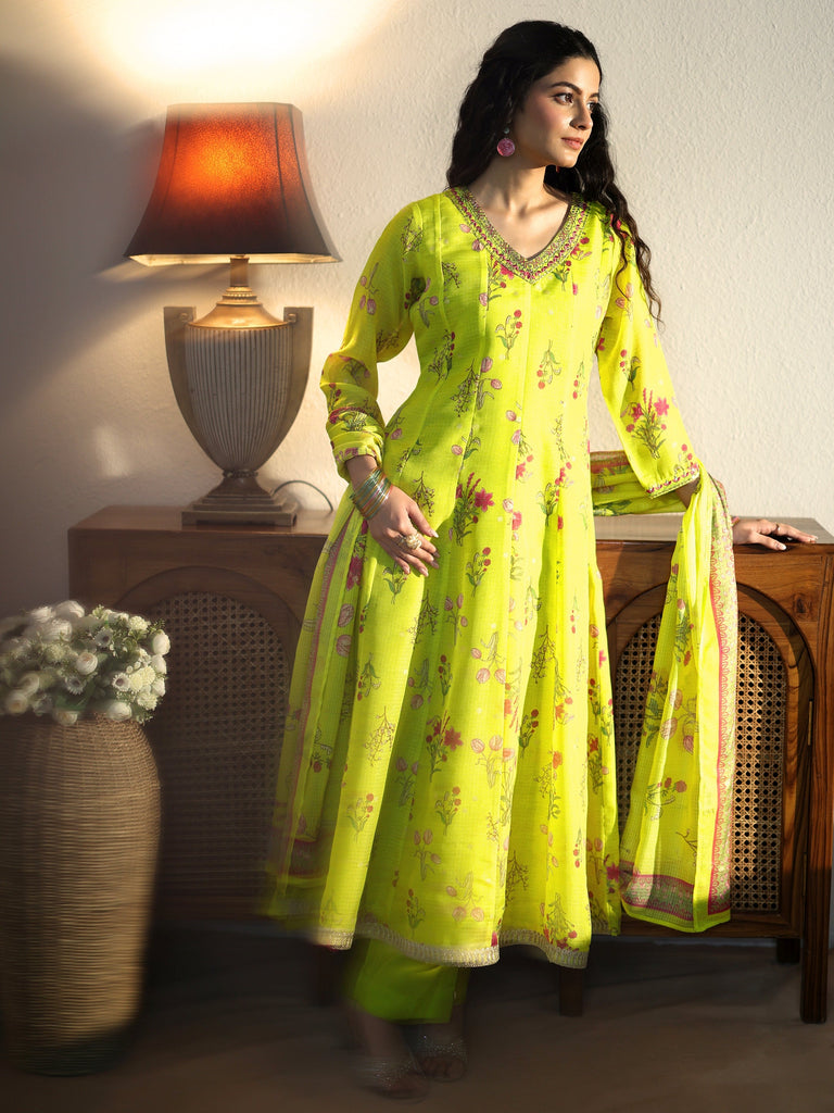 Libas Lime Green Floral Printed Chiffon Anarkali Suit Set
