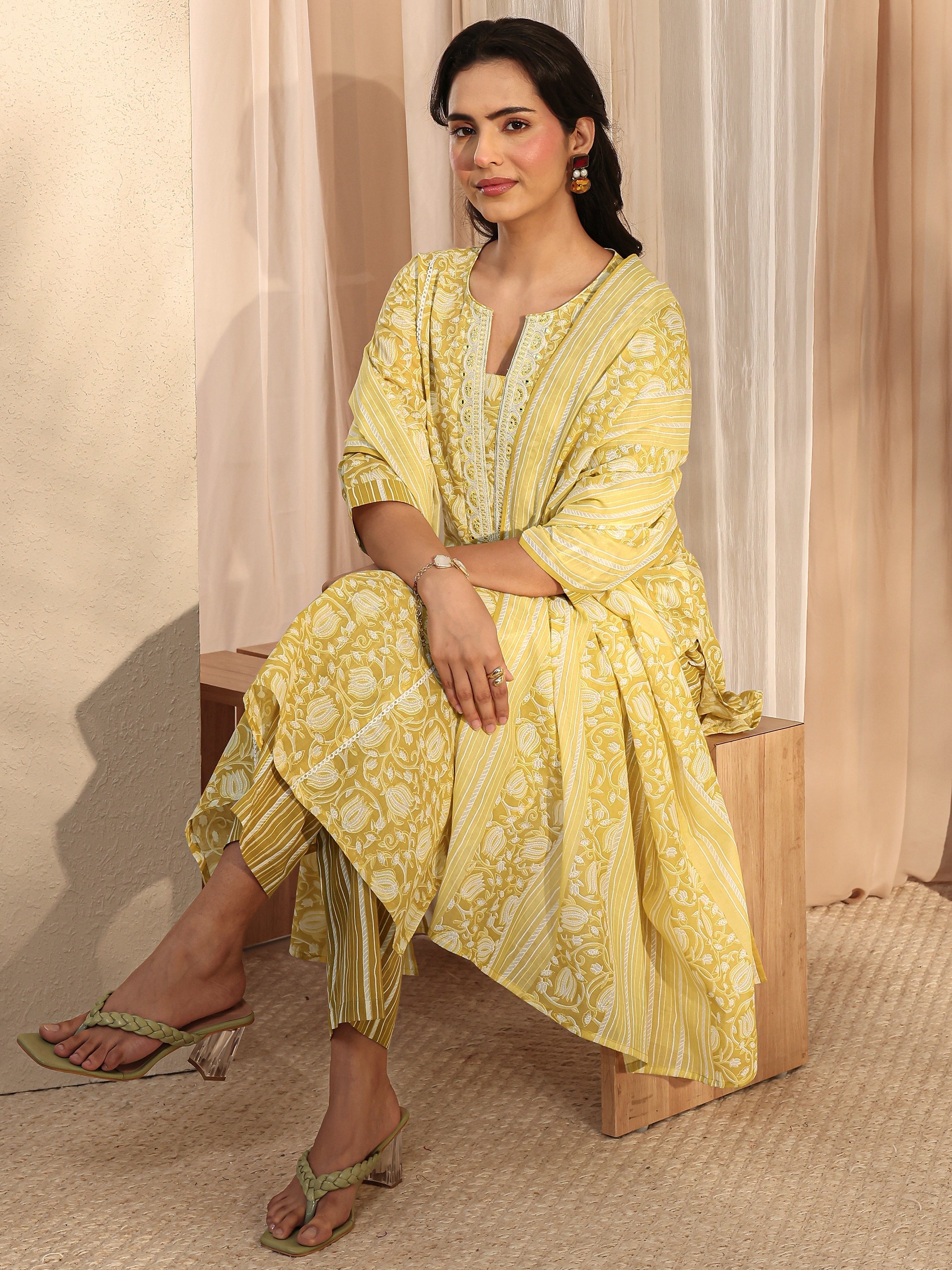 Lime Green Floral Printed Cotton A-Line Suit Set With Dupatta-image-46