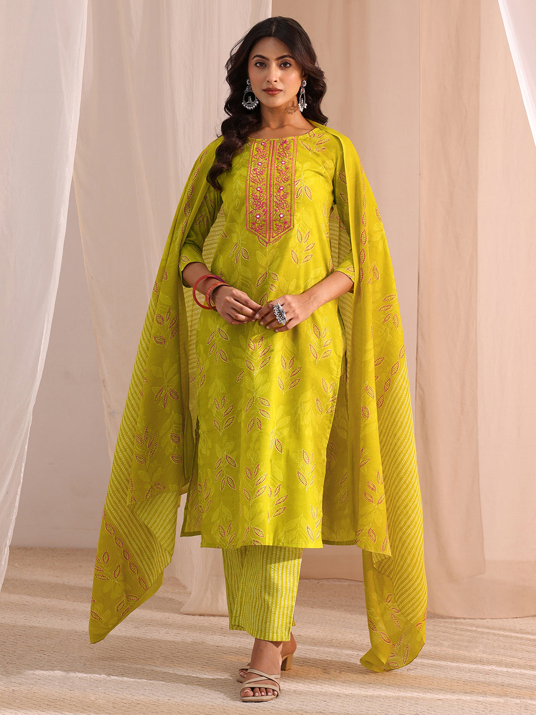 libas Gerua Lime Green Floral Printed Cotton Blend Straight Suit Set-picture-40