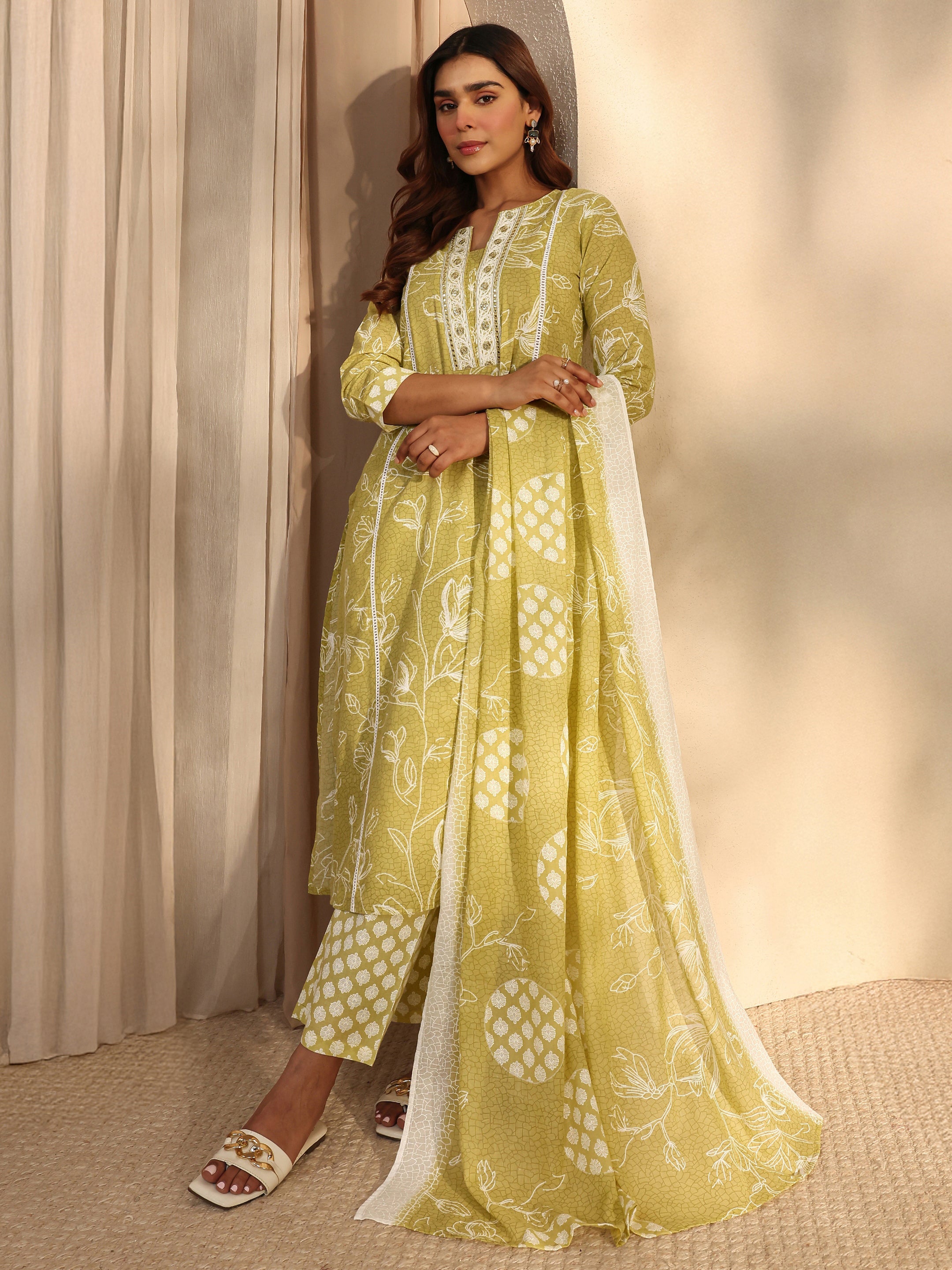 Lime Green Floral Printed Cotton Straight Suit Set With Dupatta-image-47