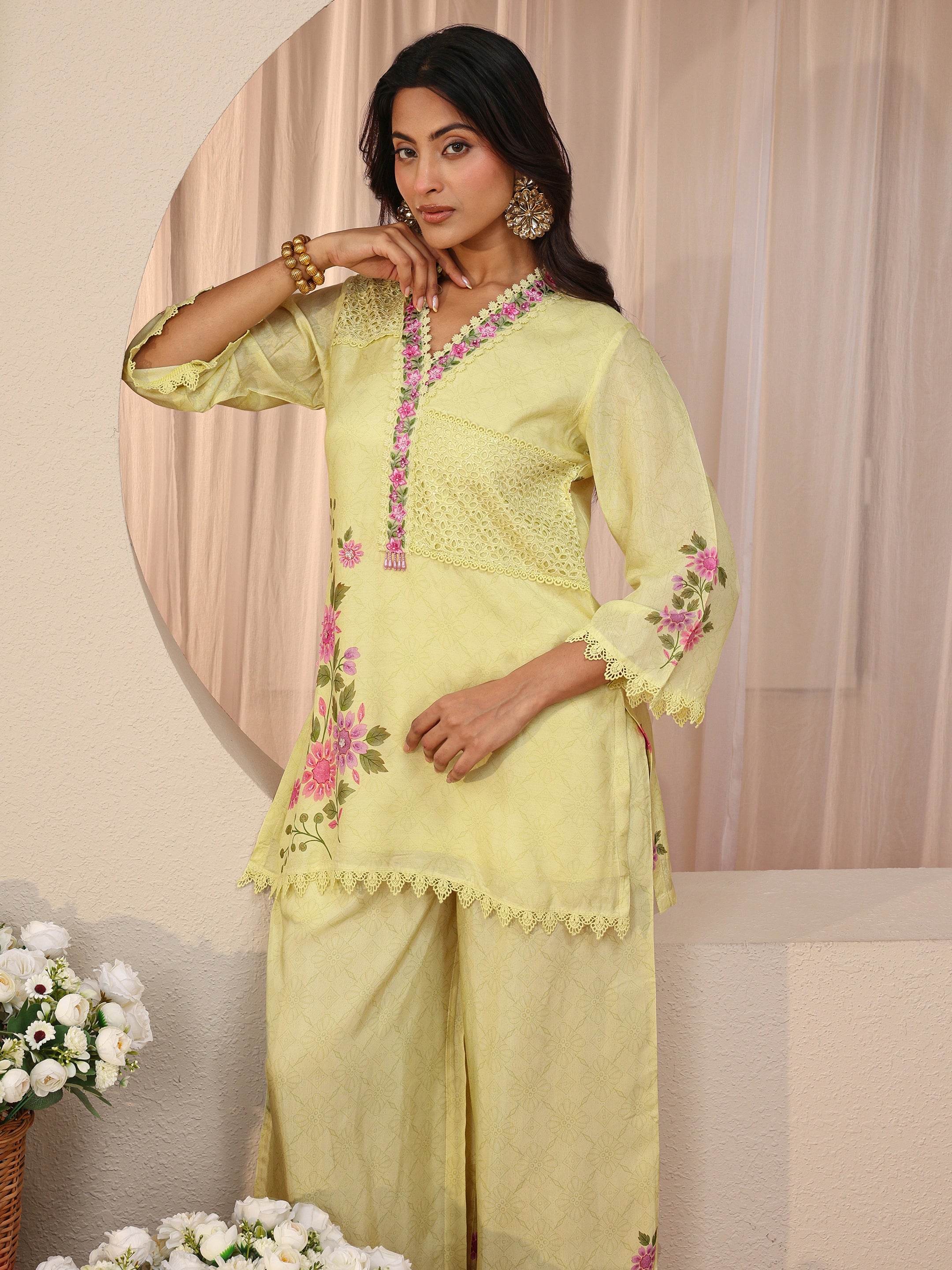 libas Lime Green Floral Printed Silk Blend Straight Kurta Set-picture-14