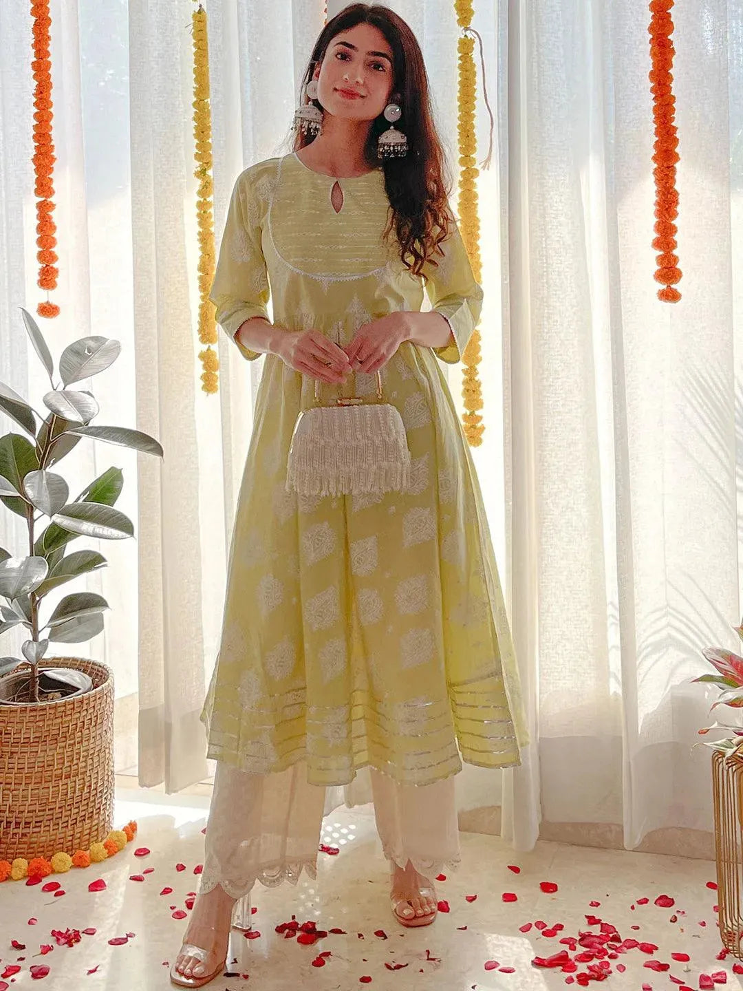 Lime Green Printed Cotton Anarkali Kurta - Libas