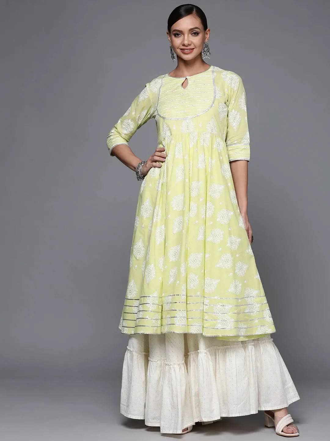 Lime Green Printed Cotton Anarkali Kurta - Libas 