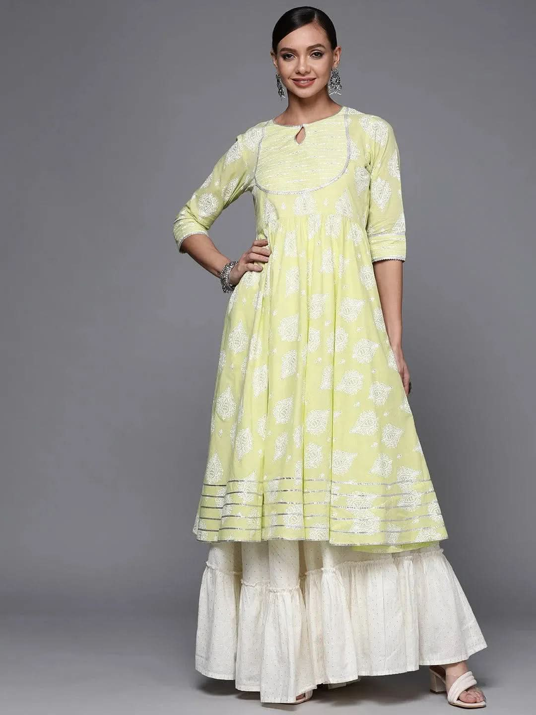 Lime Green Printed Cotton Anarkali Kurta - Libas