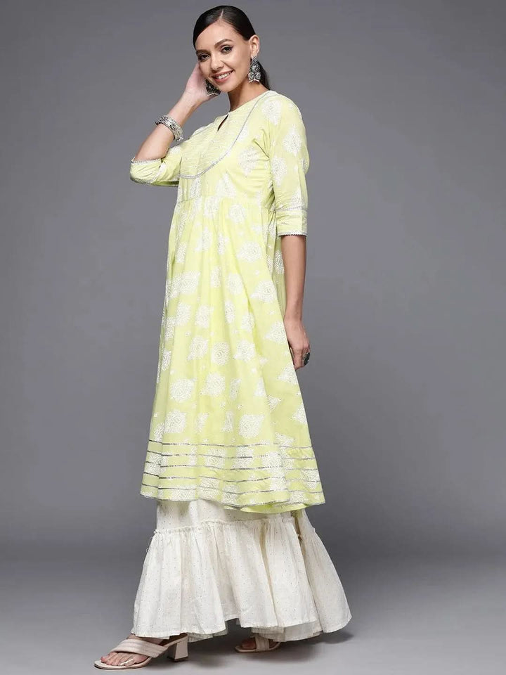 Lime Green Printed Cotton Anarkali Kurta - Libas