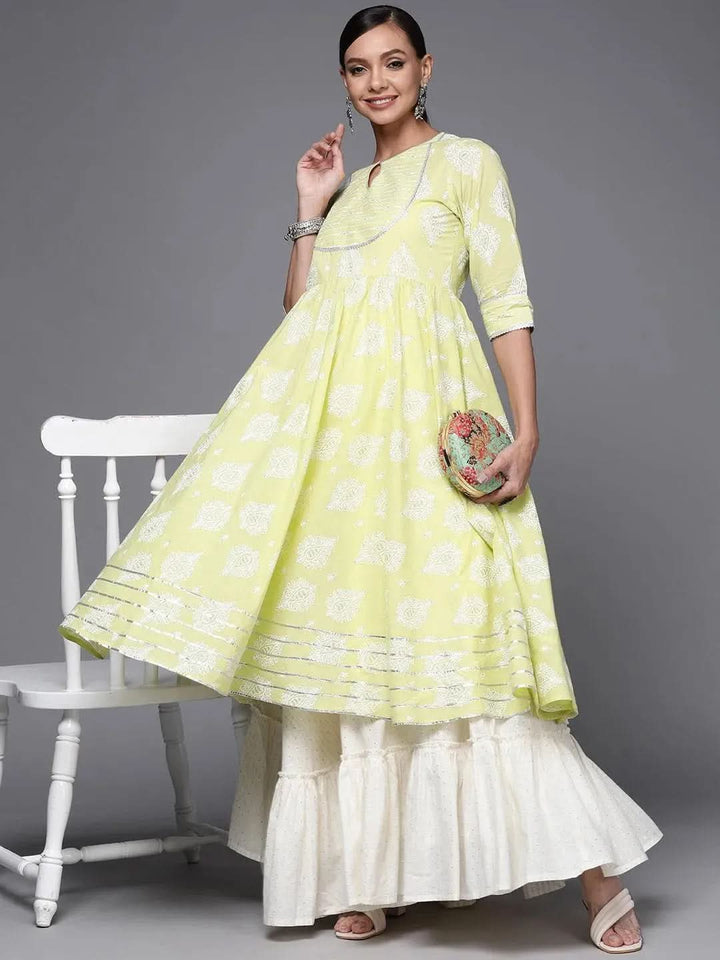 Lime Green Printed Cotton Anarkali Kurta - Libas