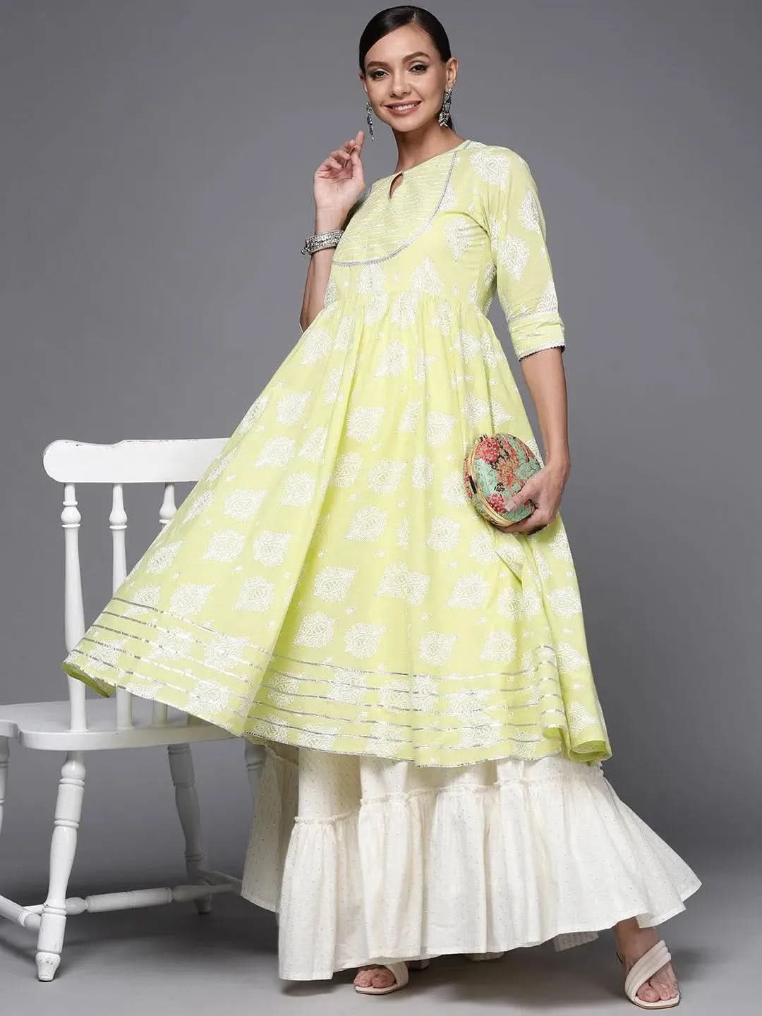 

Lime Green Printed Cotton Anarkali Kurta