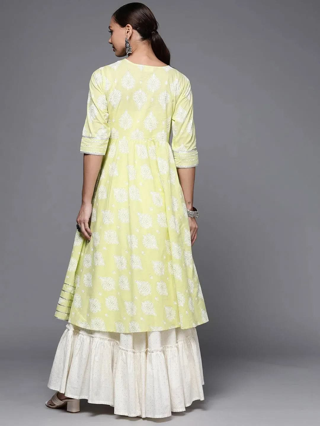 Lime Green Printed Cotton Anarkali Kurta - Libas