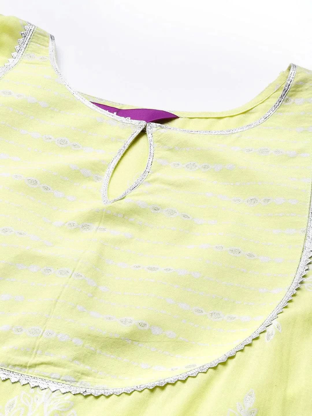 Lime Green Printed Cotton Anarkali Kurta - Libas 
