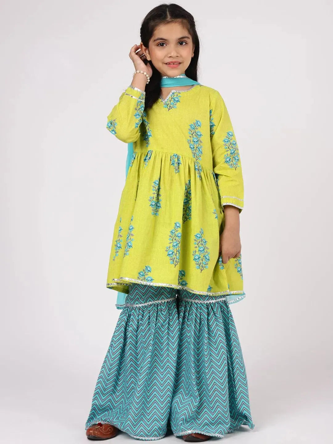 Lime Green Printed Cotton Suit Set - Libas