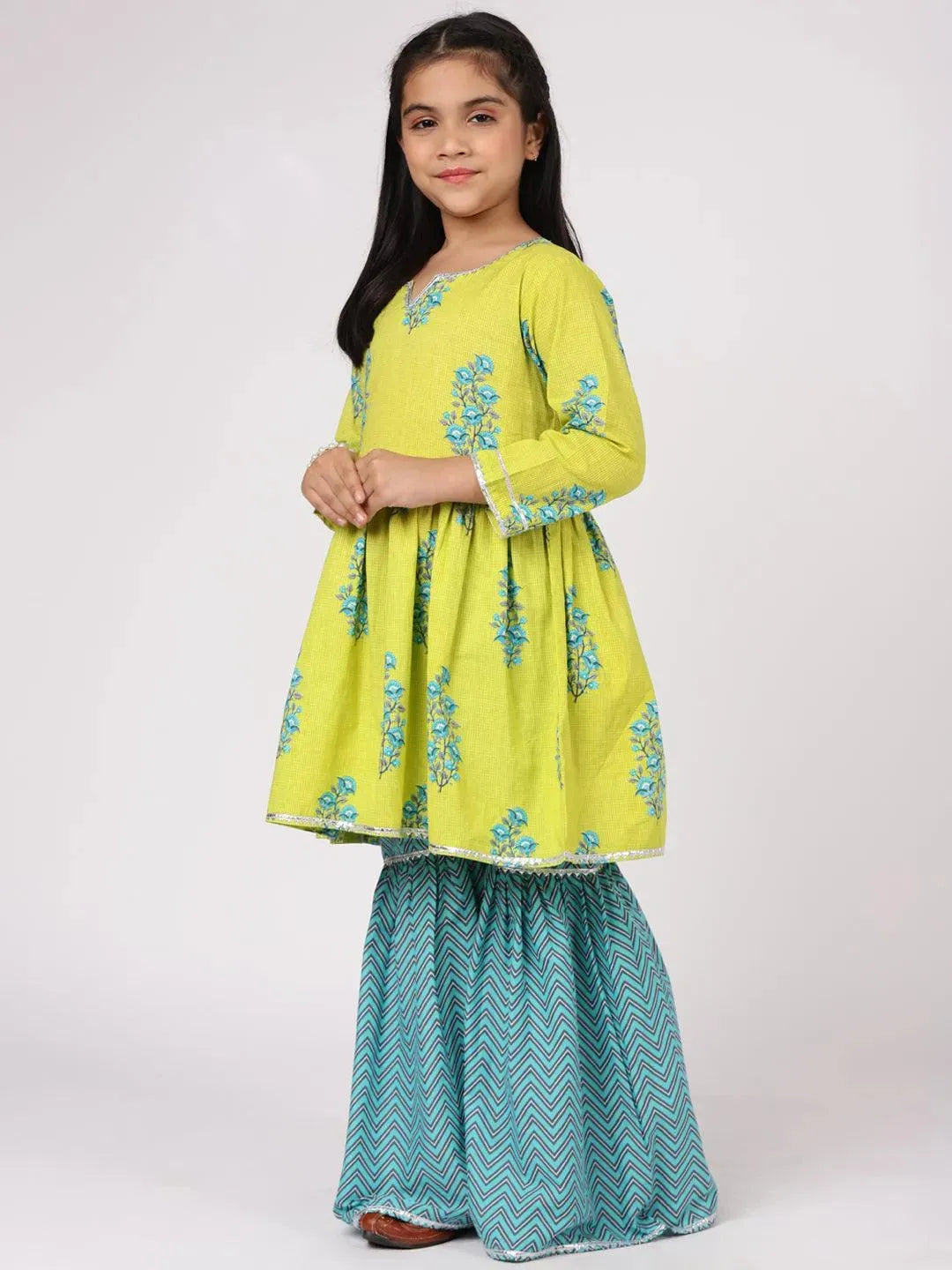 Lime Green Printed Cotton Suit Set - Libas