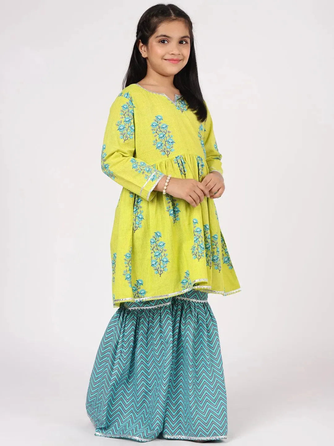 Lime Green Printed Cotton Suit Set - Libas 