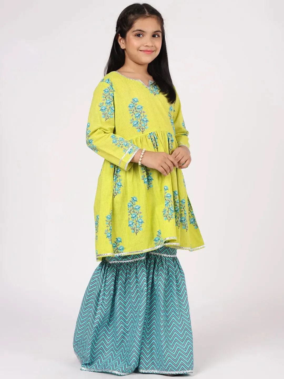 

Lime Green Printed Cotton Anarkali Kurta With Sharara & Dupatta