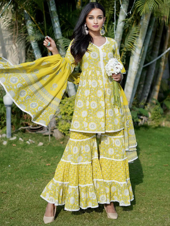 Lime Green Printed Cotton Anarkali Sharara Suit Set - Libas