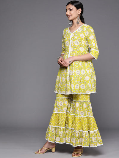 Lime Green Printed Cotton Anarkali Sharara Suit Set - Libas