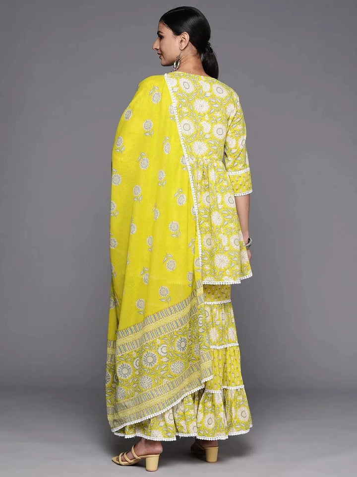 Lime Green Printed Cotton Anarkali Sharara Suit Set - Libas