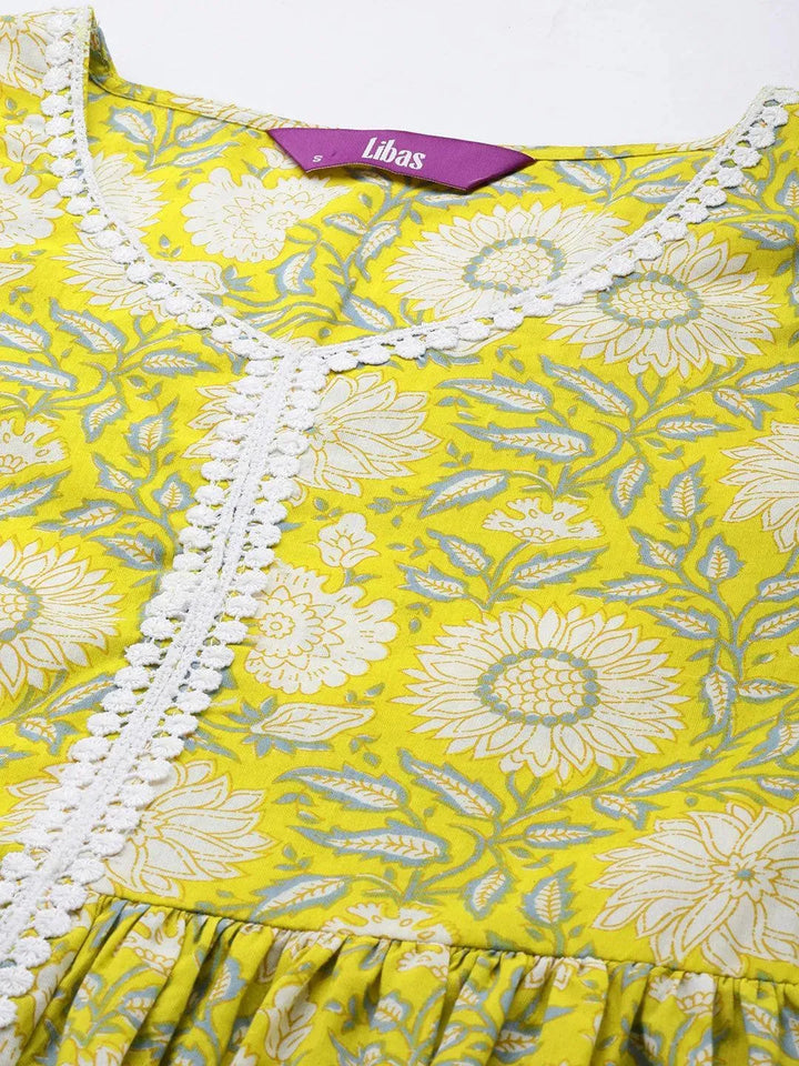 Lime Green Printed Cotton Anarkali Sharara Suit Set - Libas