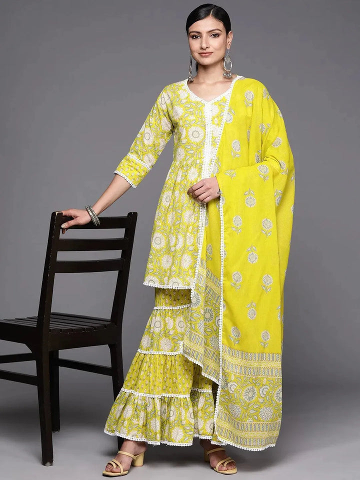 Lime Green Printed Cotton Anarkali Sharara Suit Set - Libas