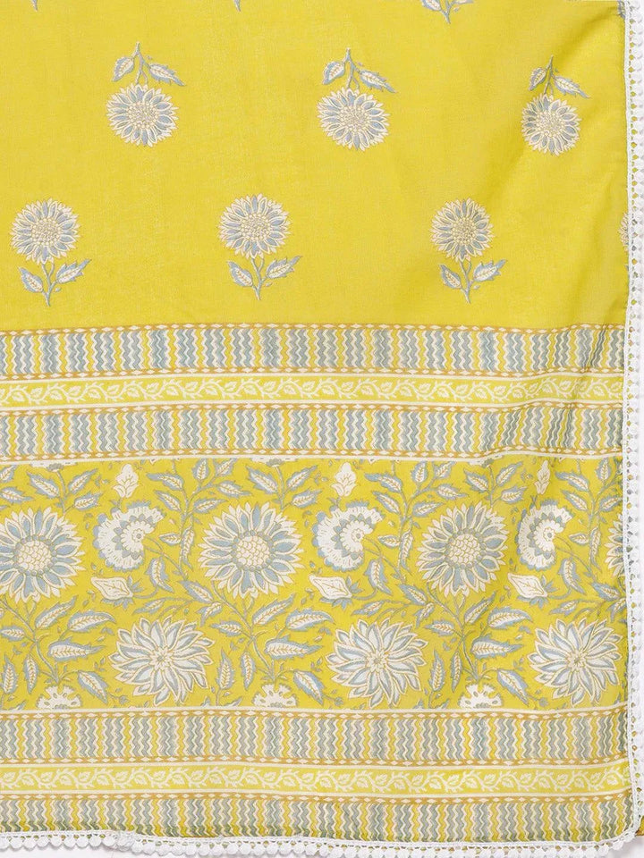 Lime Green Printed Cotton Anarkali Sharara Suit Set - Libas