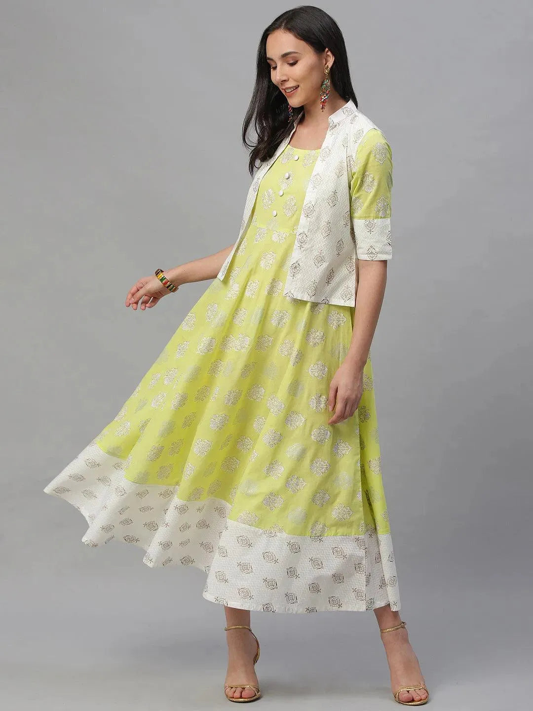 Lime Green Printed Cotton Dress With Jacket - Libas