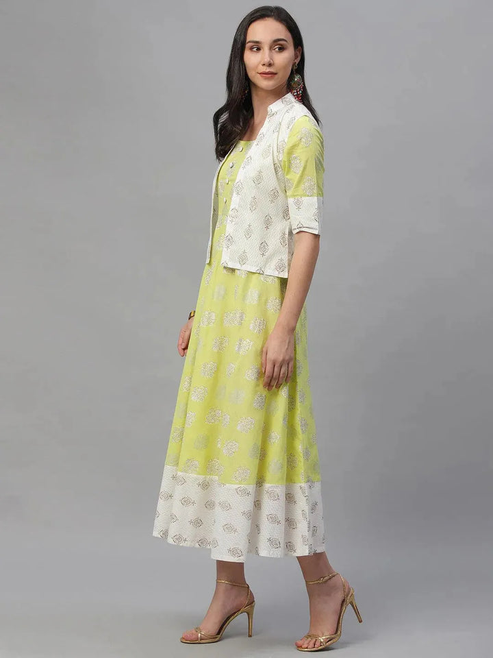 Lime Green Printed Cotton Dress With Jacket - Libas