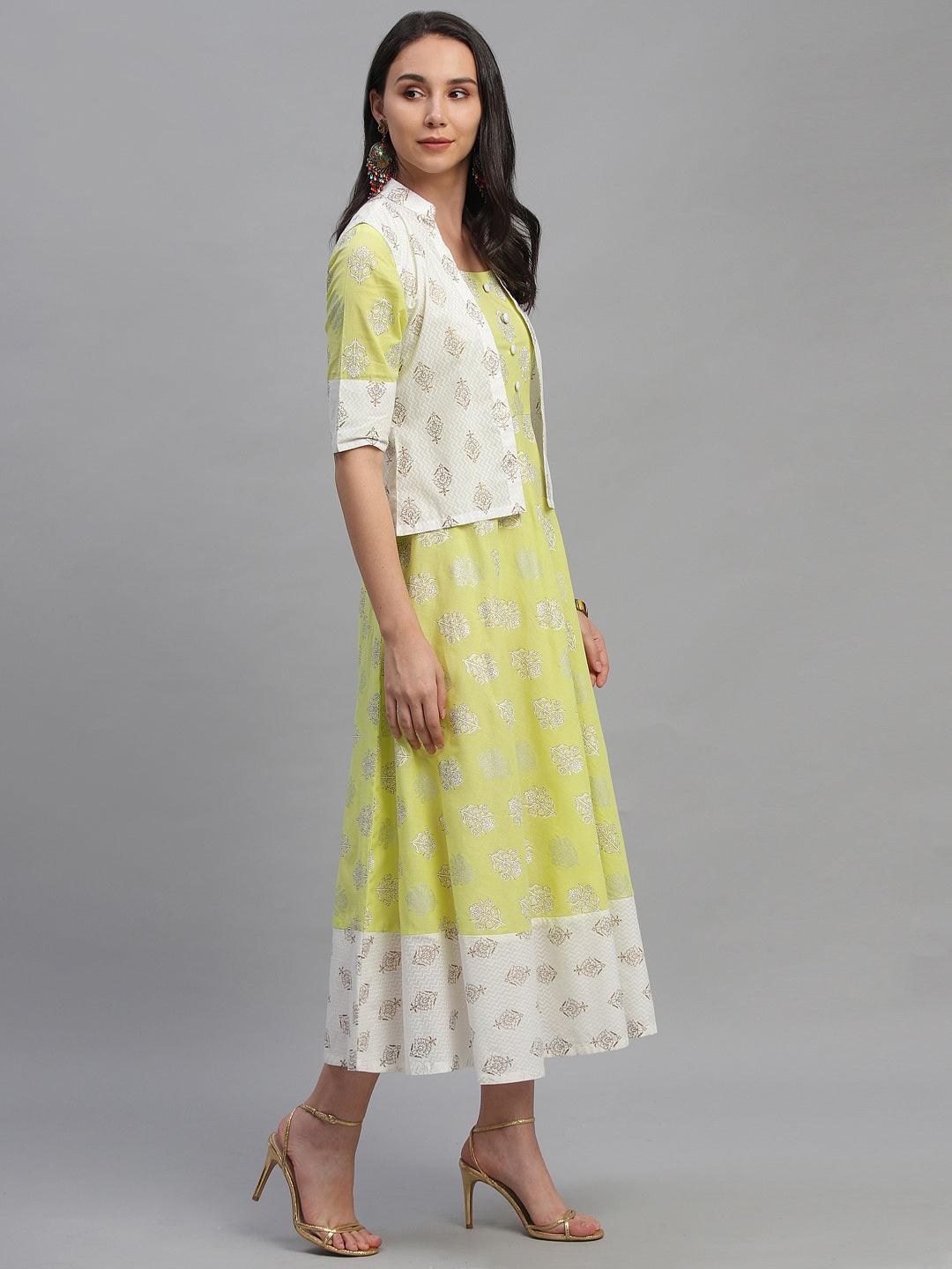 Lime Green Printed Cotton Dress With Jacket - Libas