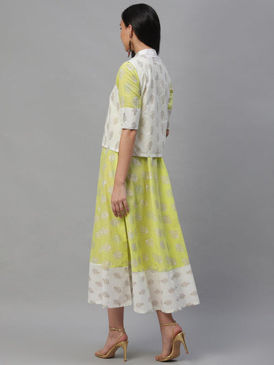 Lime Green Printed Cotton Dress With Jacket - Libas