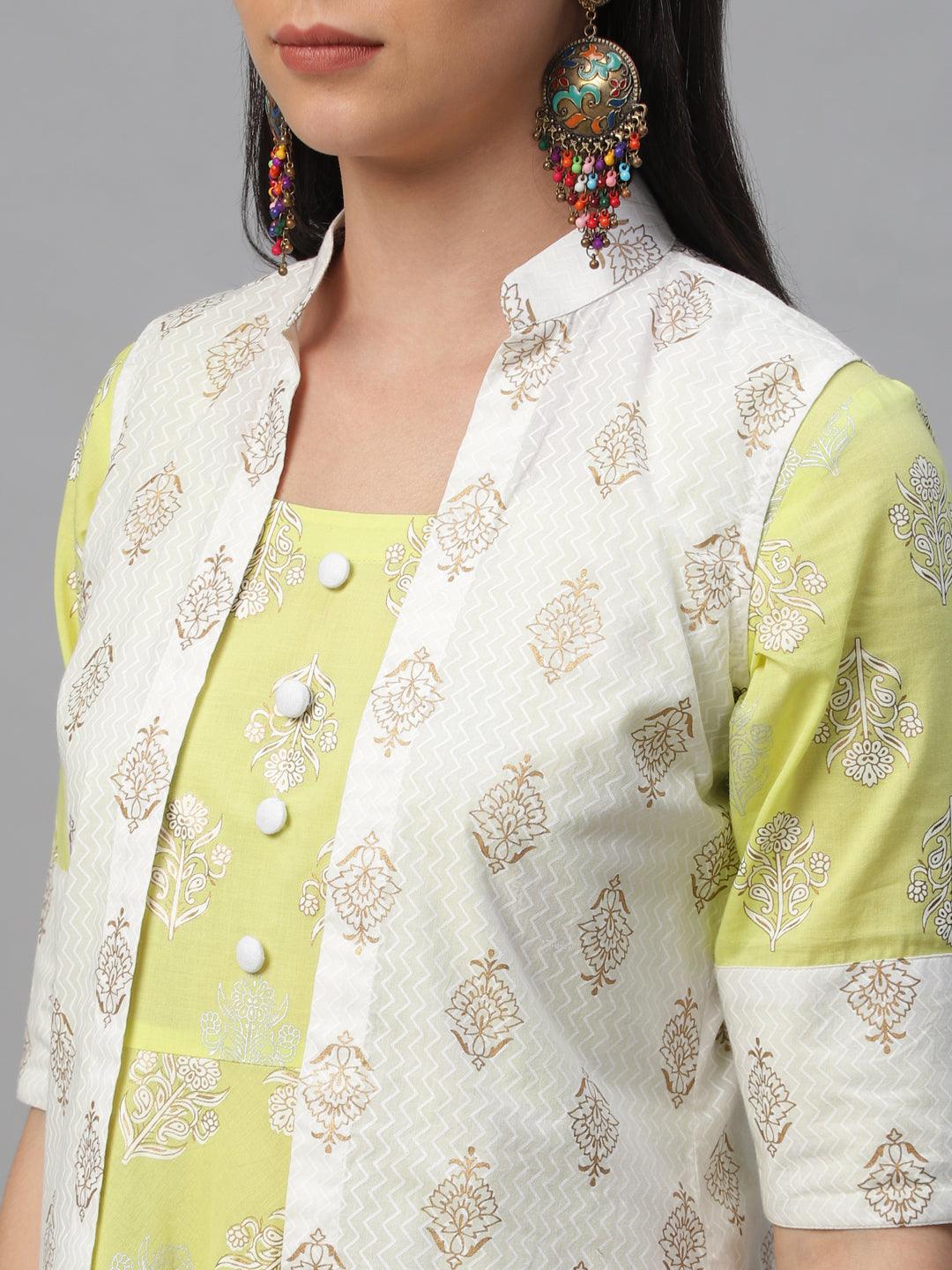 Lime Green Printed Cotton Dress With Jacket
