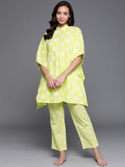Lime Green Printed Cotton Night Suit - Libas