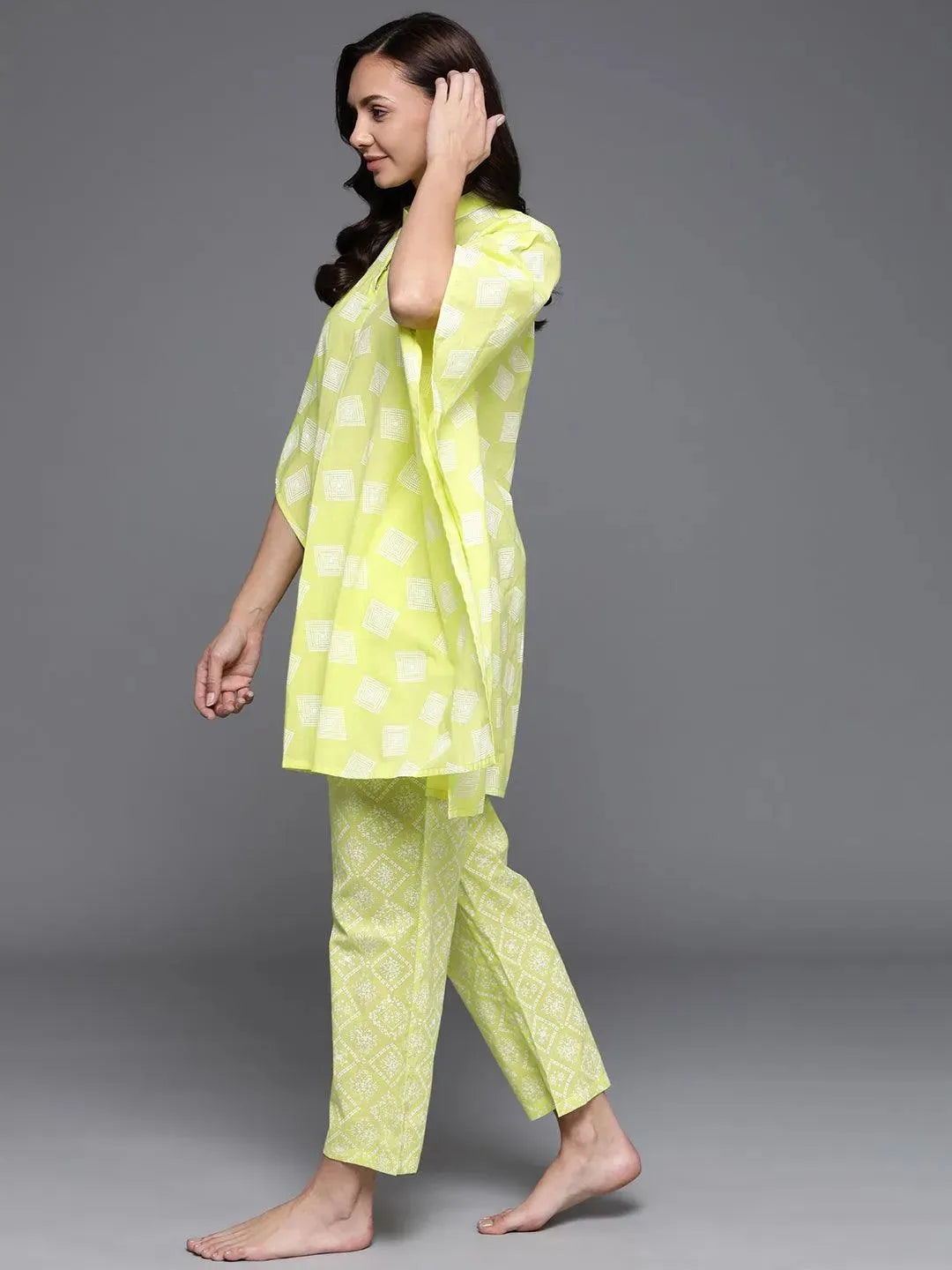 Lime Green Printed Cotton Night Suit - Libas 