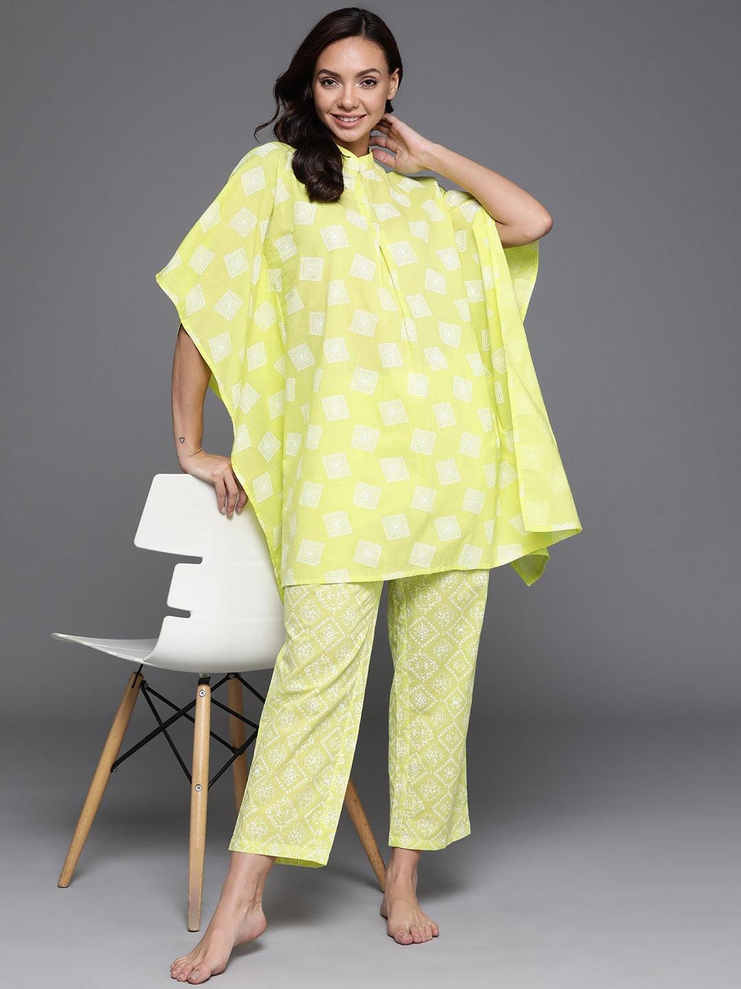Lime Green Printed Cotton Night Suit - Libas
