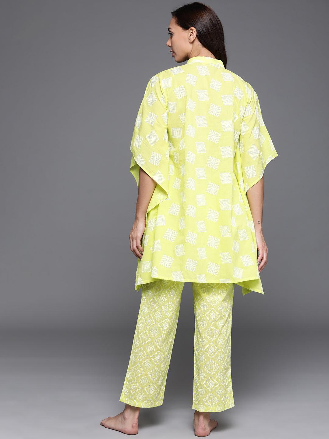 Lime Green Printed Cotton Night Suit