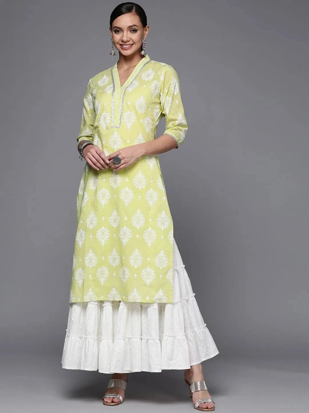 Lime Green Printed Cotton Straight Kurta - Libas