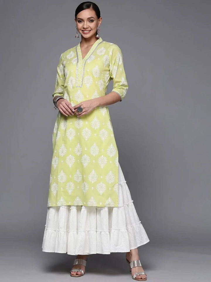 Lime Green Printed Cotton Straight Kurta - Libas