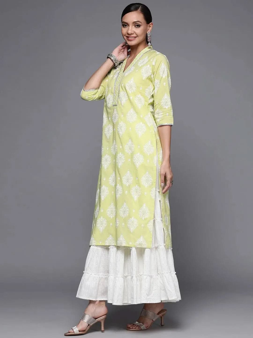 Lime Green Printed Cotton Straight Kurta - Libas 