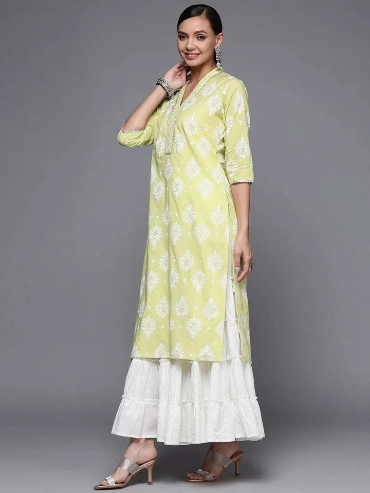 Lime Green Printed Cotton Straight Kurta - Libas