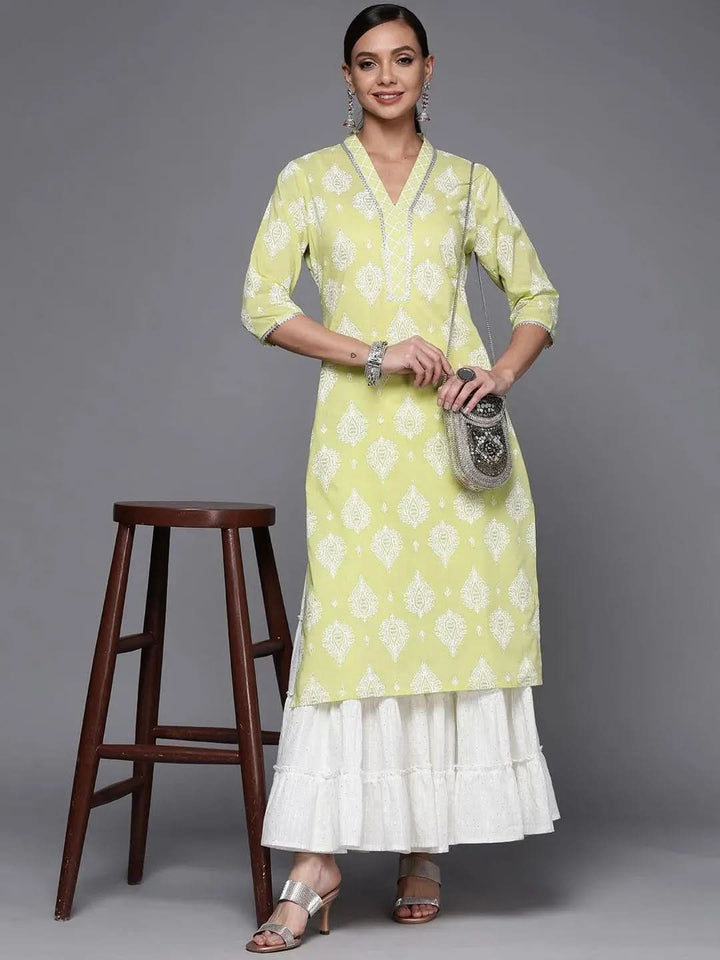 Lime Green Printed Cotton Straight Kurta - Libas