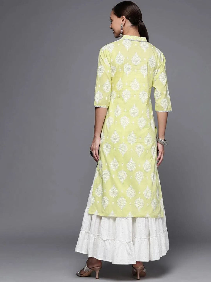Lime Green Printed Cotton Straight Kurta - Libas