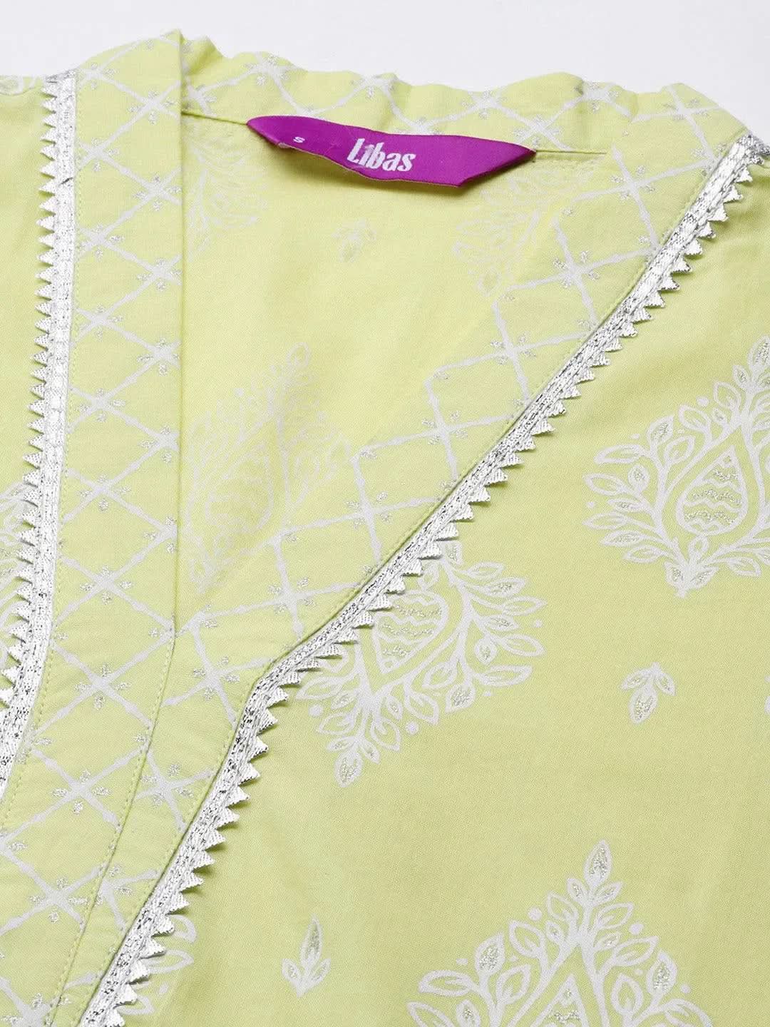 Lime Green Printed Cotton Straight Kurta - Libas 