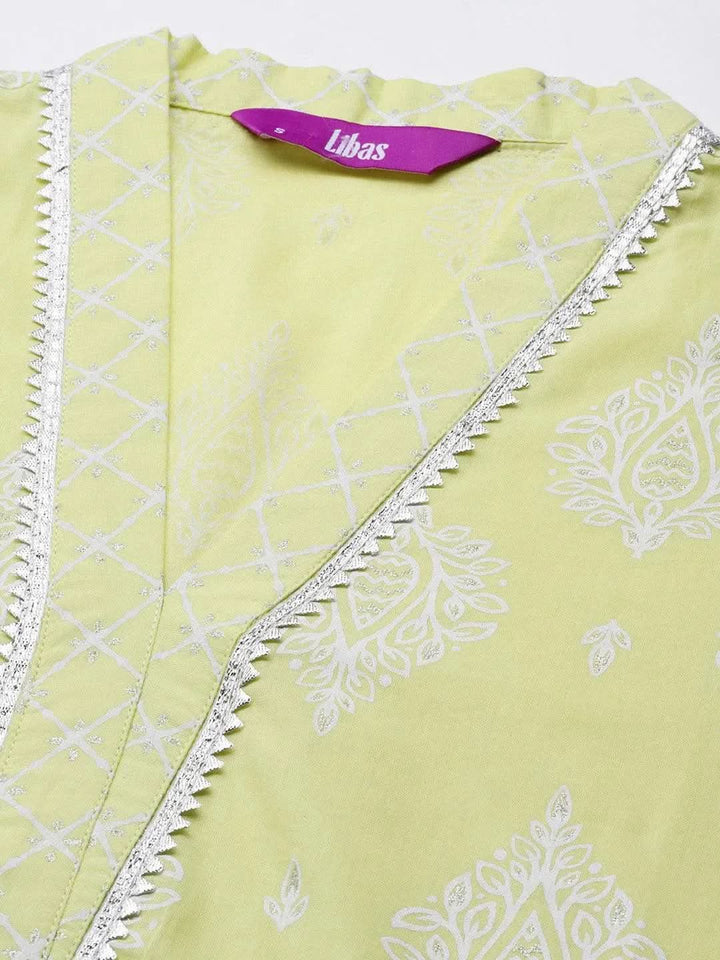 Lime Green Printed Cotton Straight Kurta - Libas