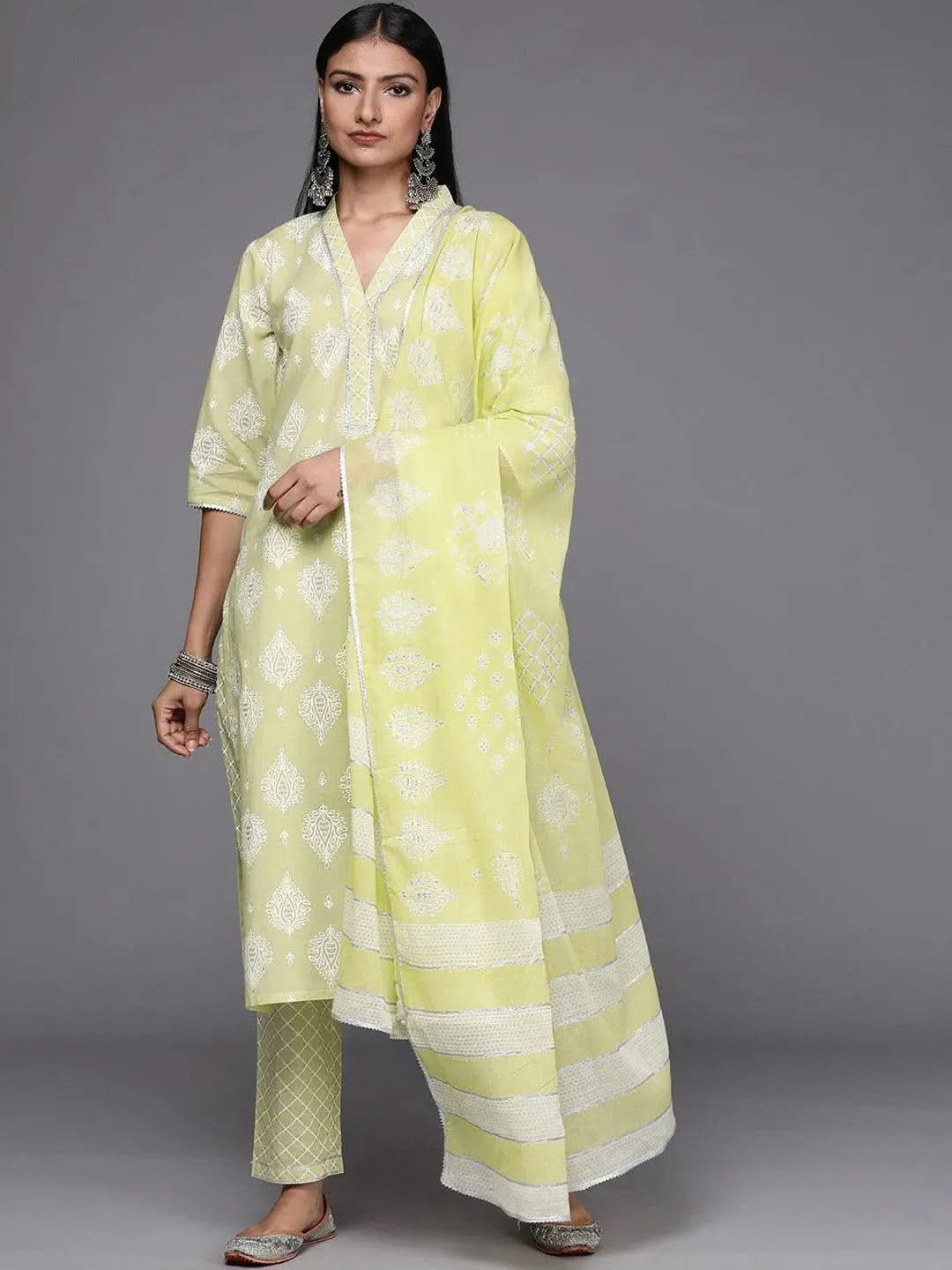 Lime Green Printed Cotton Straight Suit Set - Libas 